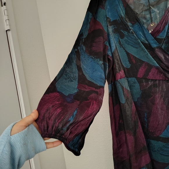Ava & Viv Sheer Wrap Midi Dress Balloon Long Sleeve Teal Burgundy/Blue Sz 1X NWT - Picture 5 of 15